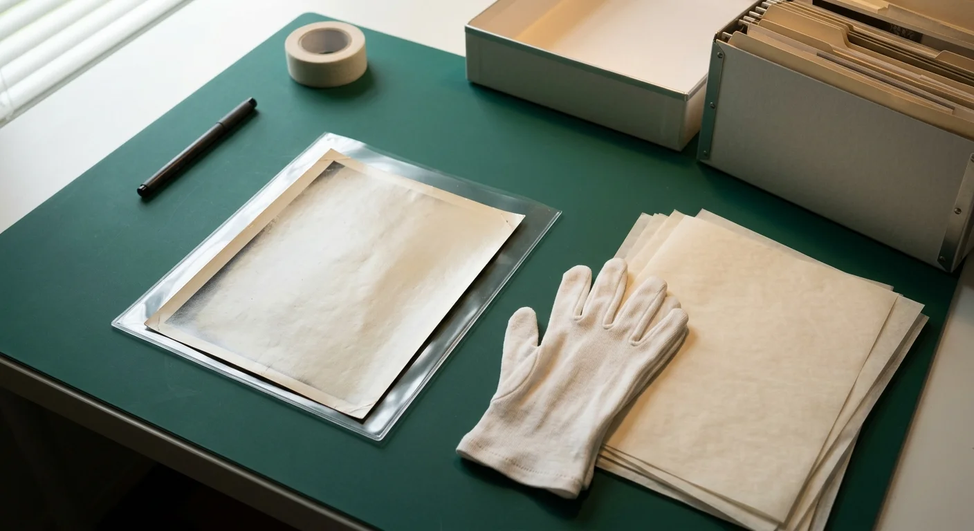 Vintage photo in a clear plastic sleeve beside a white glove, paper sheets, and an archival box on a green mat.