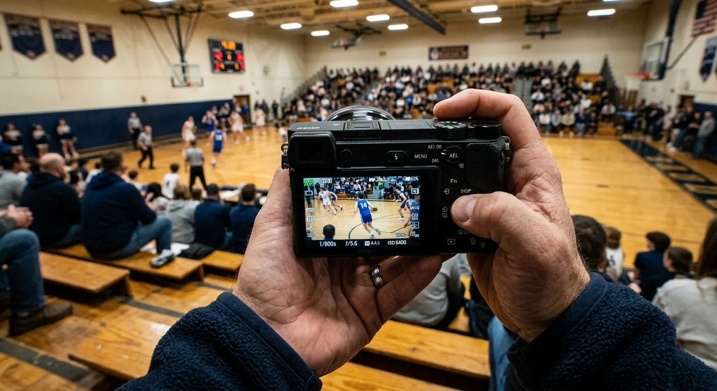 Person holding a compact camera in the bleachers, displaying a live view of a high school basketball game.