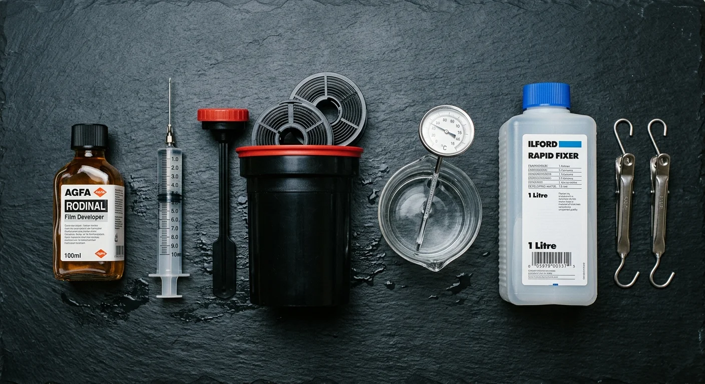 Darkroom developing equipment including Rodinal developer, measuring syringe, developing tank, thermometer, and fixer.