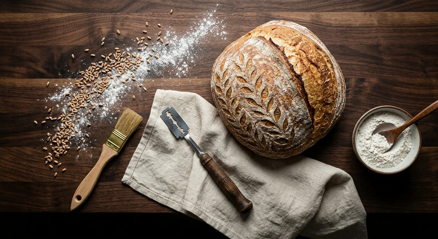 Flat lay of a scored sourdough loaf, bread lame, pastry brush, linen towel, flour bowl, and wheat grains on dark wood.