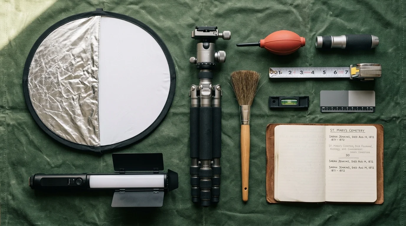Flat lay of photography field gear including a mini reflector, compact tripod, LED light wand, brush, and notebook on green cloth.
