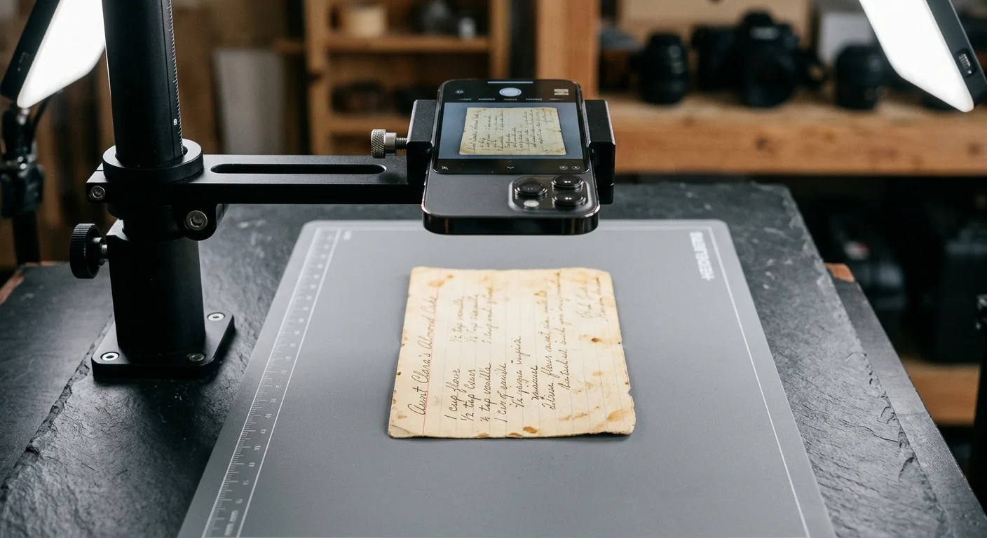 Smartphone on an overhead copy stand positioned above an aged handwritten recipe card between two studio lights.