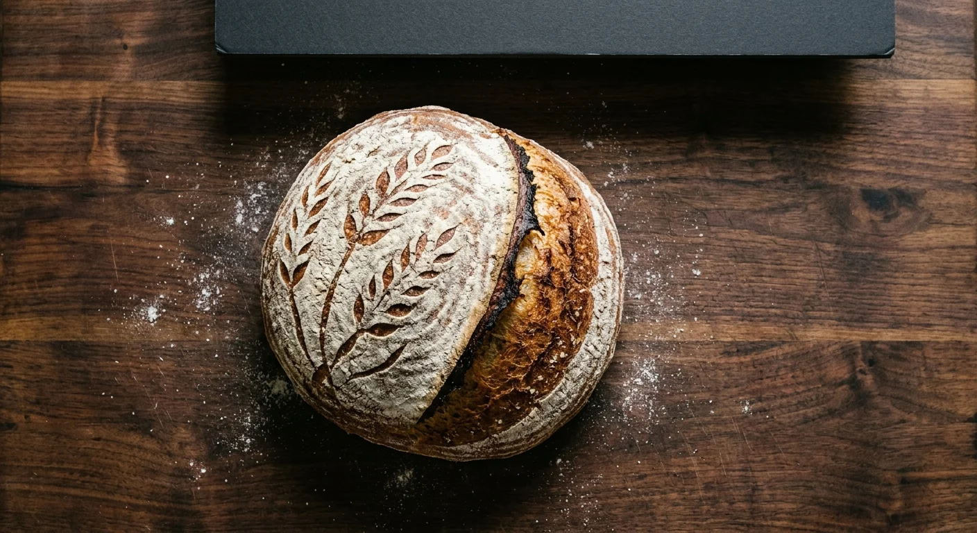 Overhead shot of a scored, flour-dusted round sourdough loaf resting on a dark walnut wood counter.
