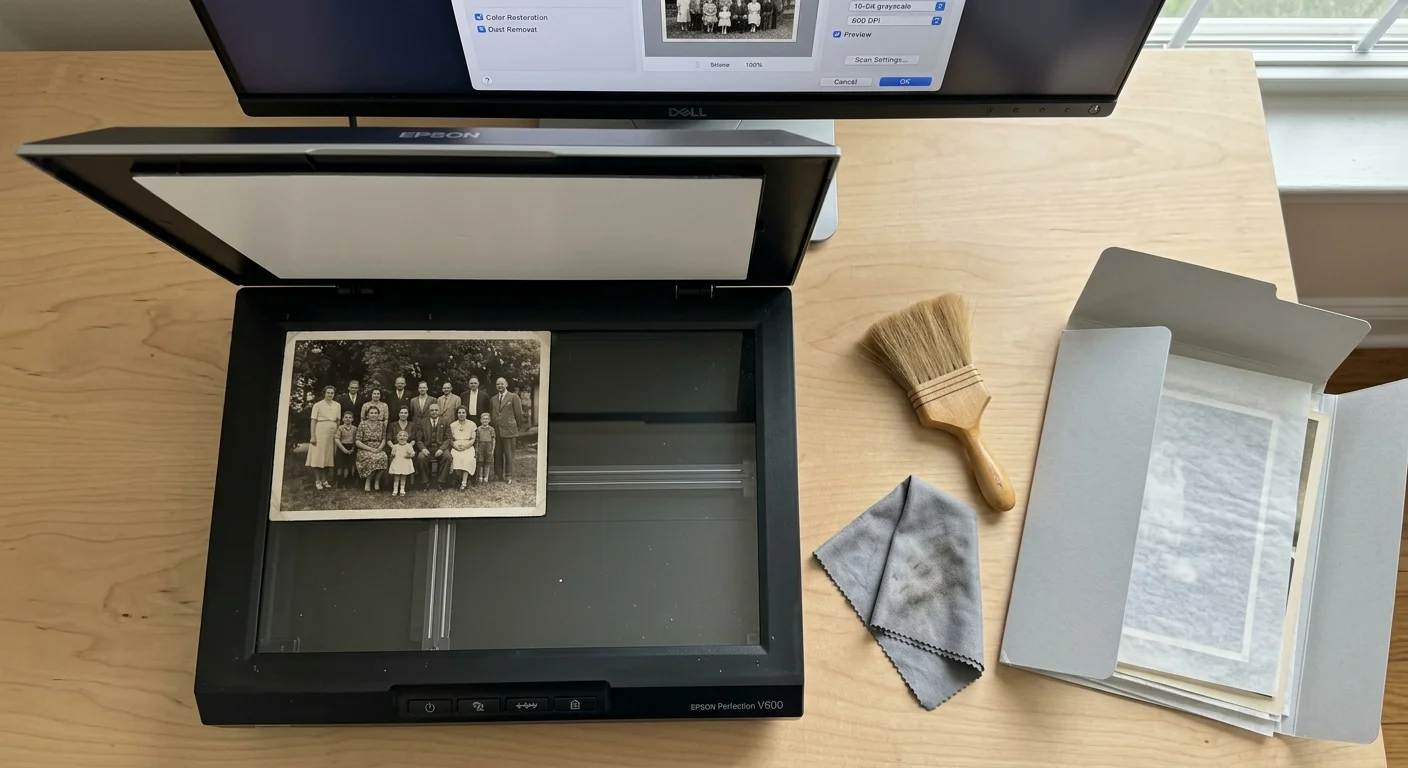 Open flatbed scanner on a desk with a vintage group photo on the glass, beside a brush, cloth, and folder.