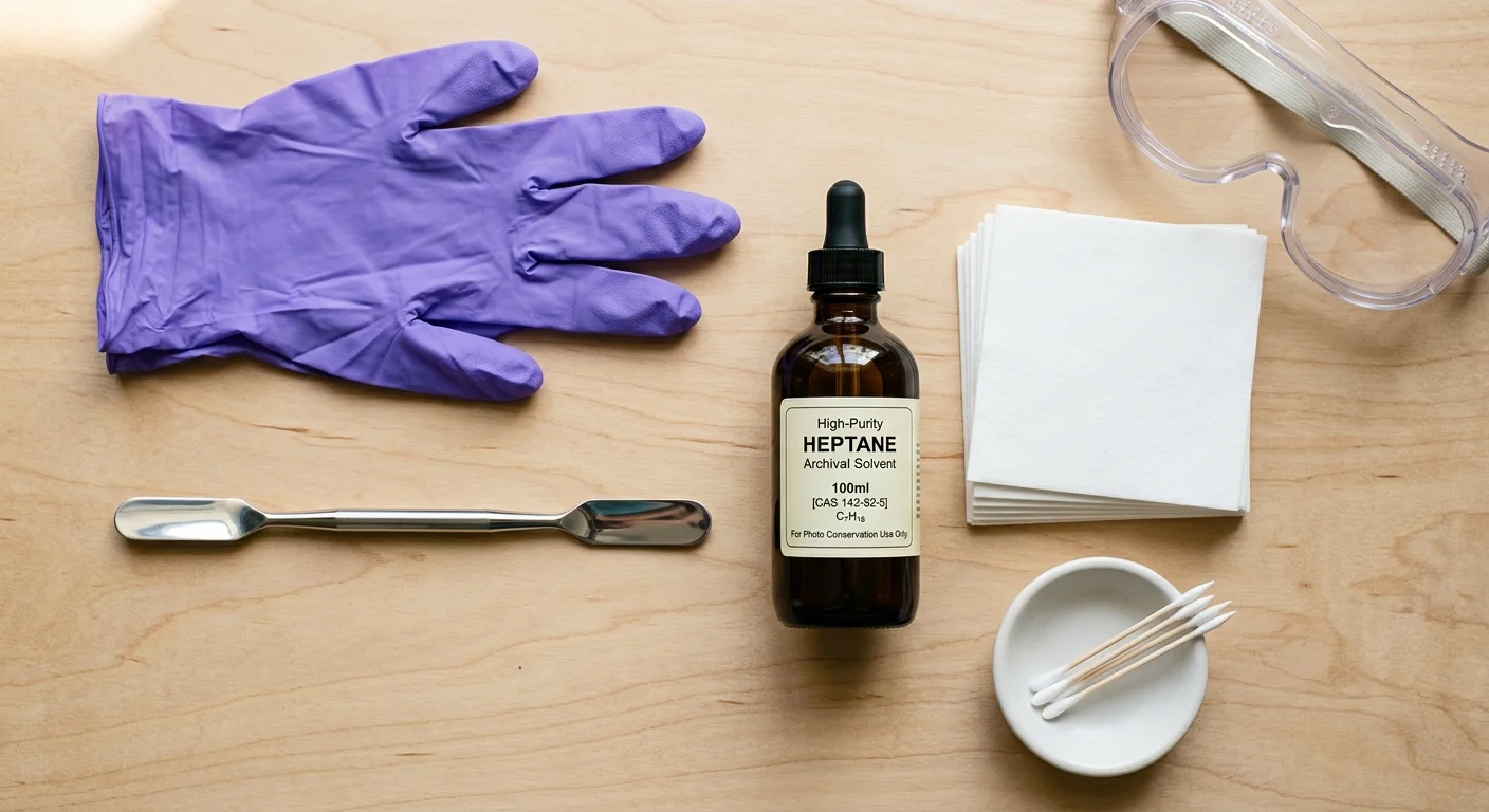 Purple nitrile glove, metal micro-spatula, heptane dropper bottle, safety goggles, wipes, and cotton swabs on wood.