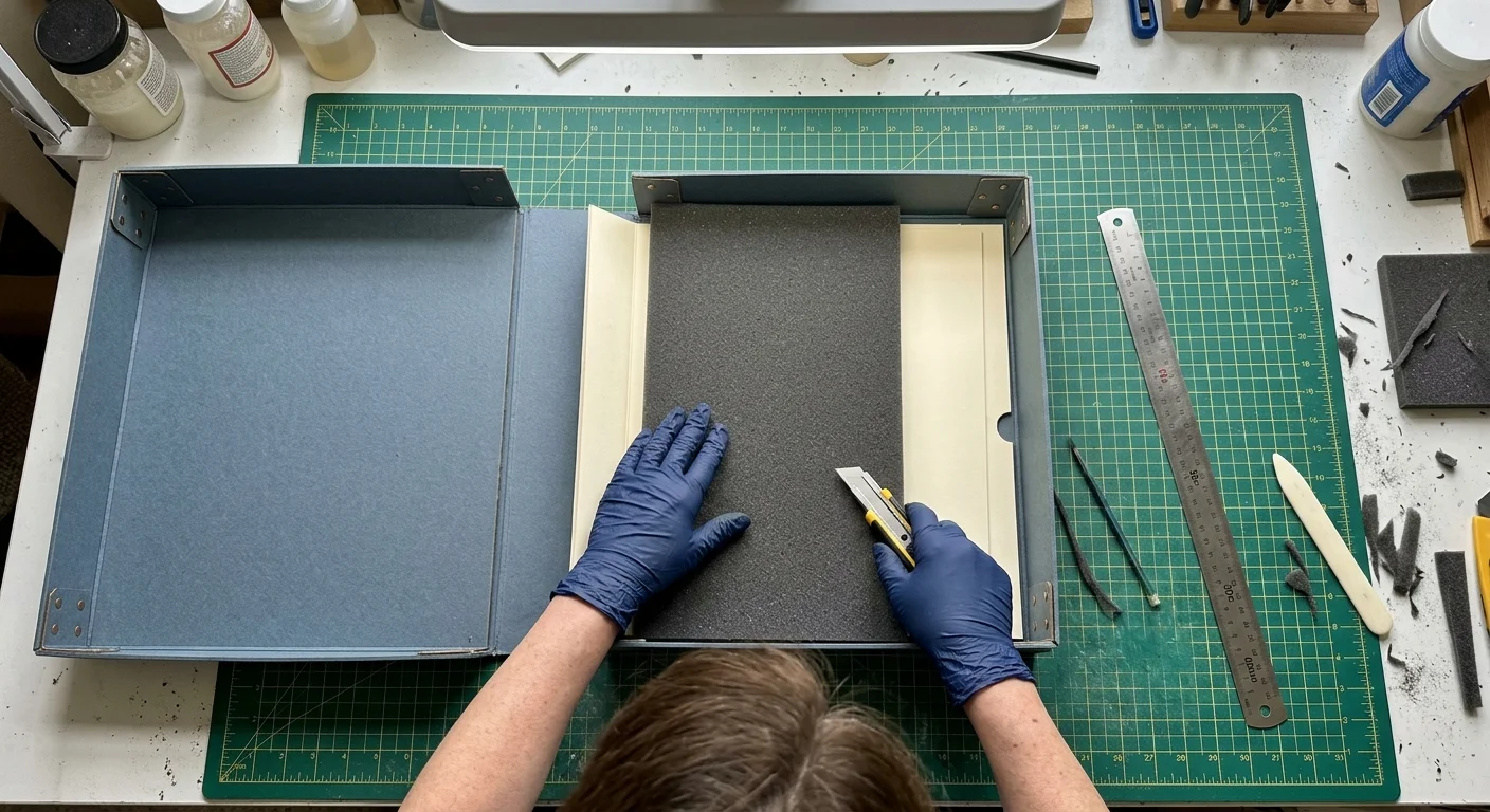 Overhead view of gloved hands cutting dark foam inside an archival box on a green cutting mat with a utility knife.