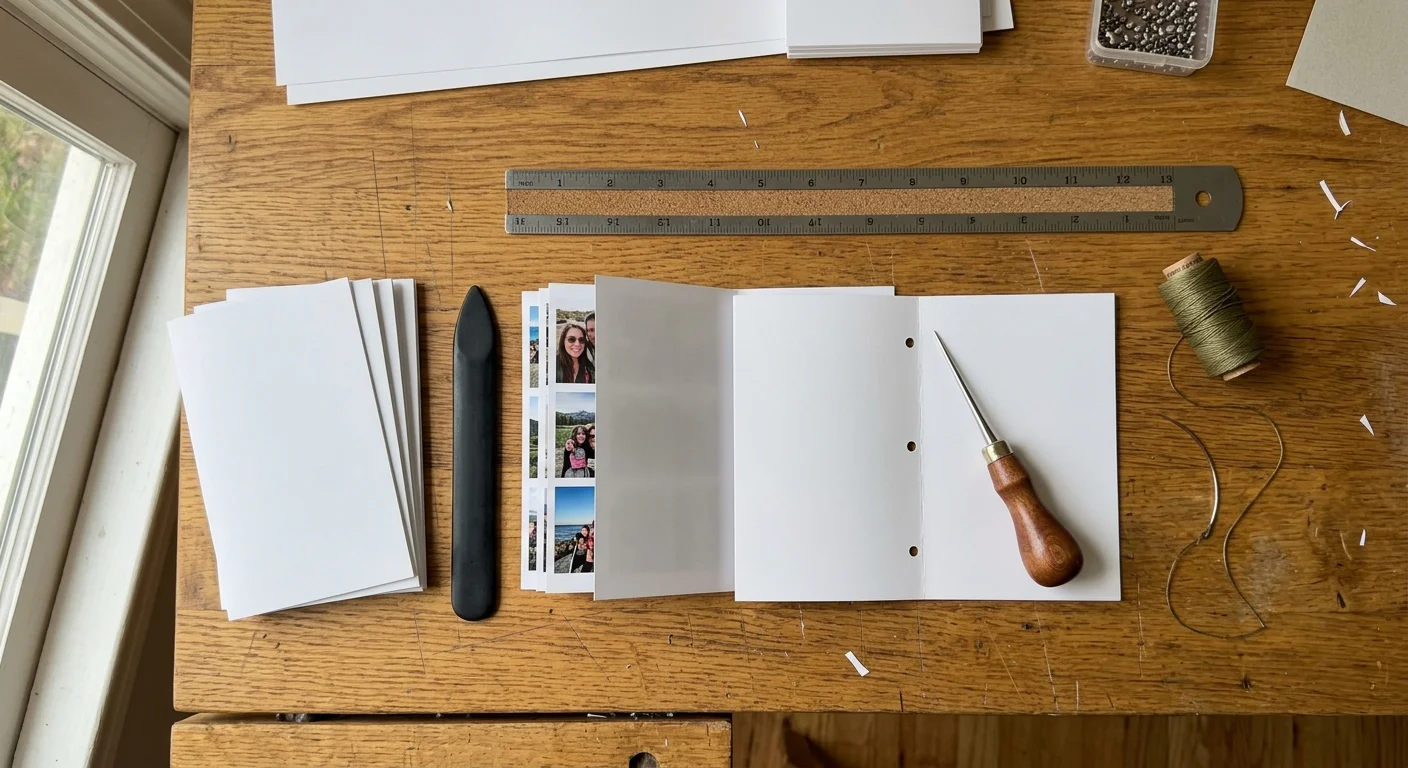 Bookbinding tools, folded paper pages with punched holes, an awl, thread, and a metal ruler arranged on a wooden desk.