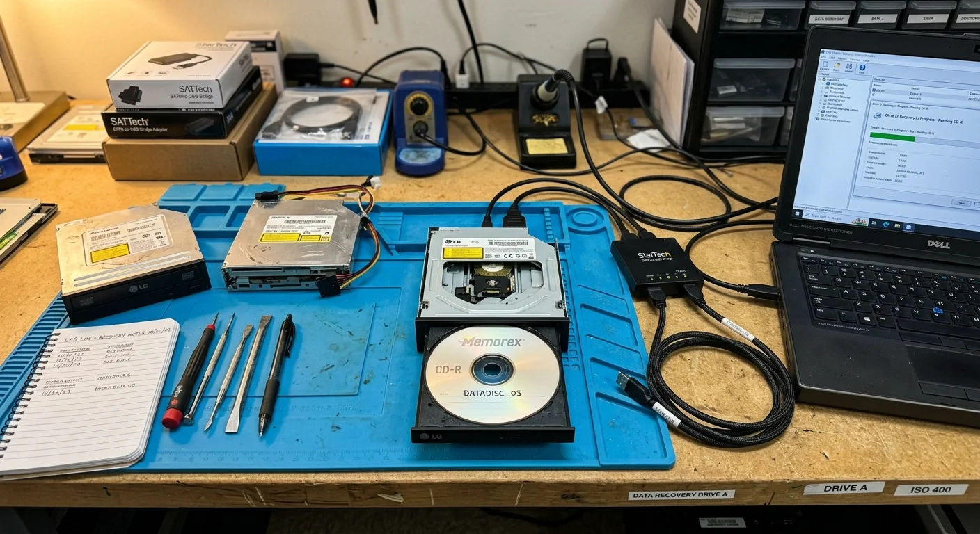 Optical drives on a workbench, with an open drive holding a Memorex CD-R connected to a laptop.