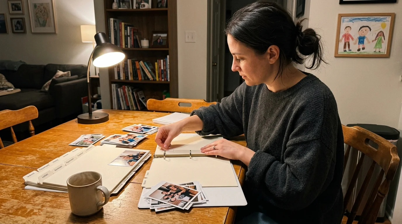 A woman sits at a wooden table assembling a binder album with printed photographs, divider tabs, and a desk lamp.