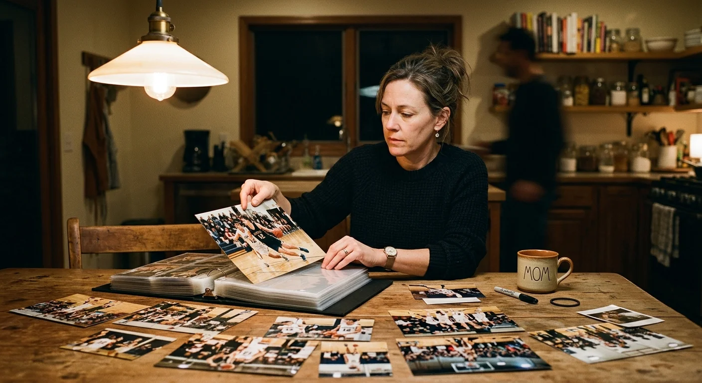 A woman sits at a wooden kitchen table placing basketball photographs into an archival binder under an overhead lamp.
