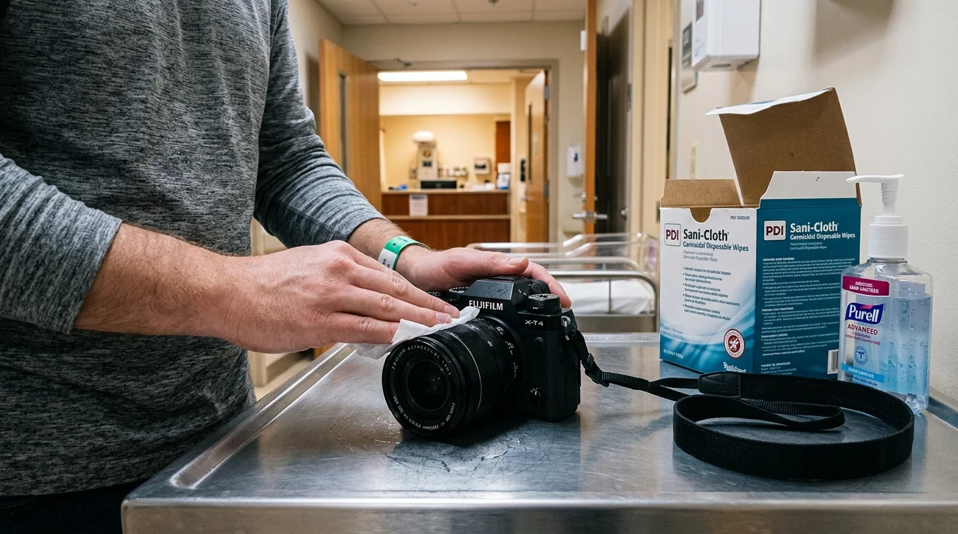A person cleans a Fujifilm camera with a disinfectant wipe on a metal cart beside a box of Sani-Cloth wipes and sanitizer.