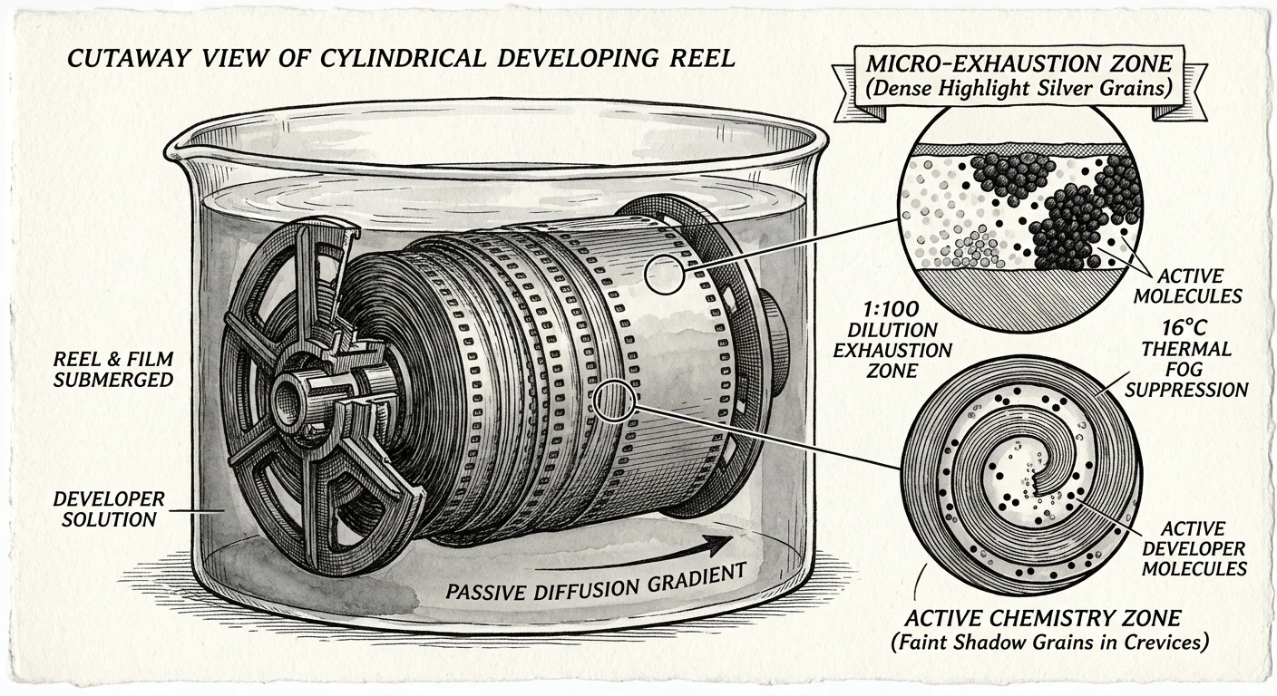 Ink diagram of a submerged film developing reel inside a beaker, with circular callouts detailing molecular diffusion.