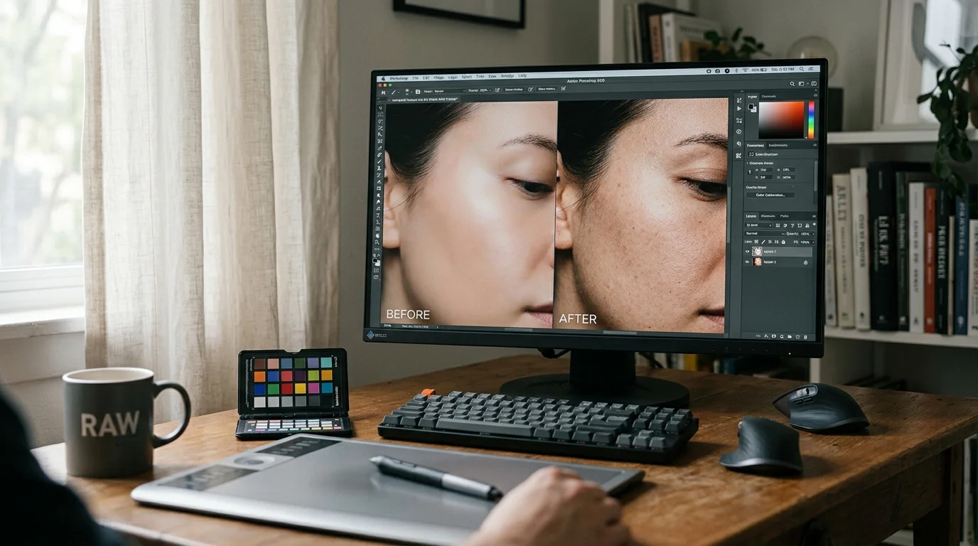 Computer monitor displaying a before-and-after portrait retouching comparison on a desk with a graphics tablet.