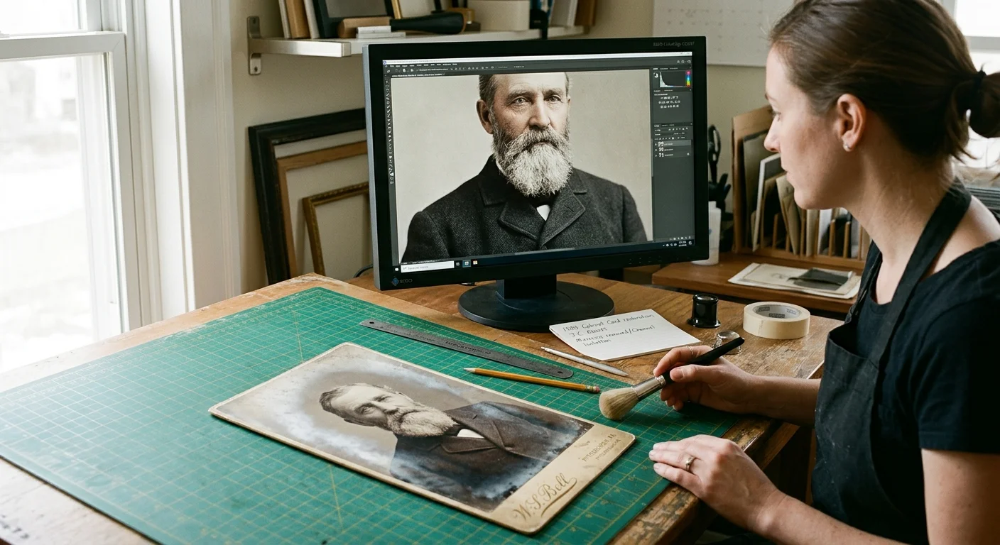 A woman restores an antique cabinet card portrait on a wooden desk beside a computer monitor displaying the scanned image.