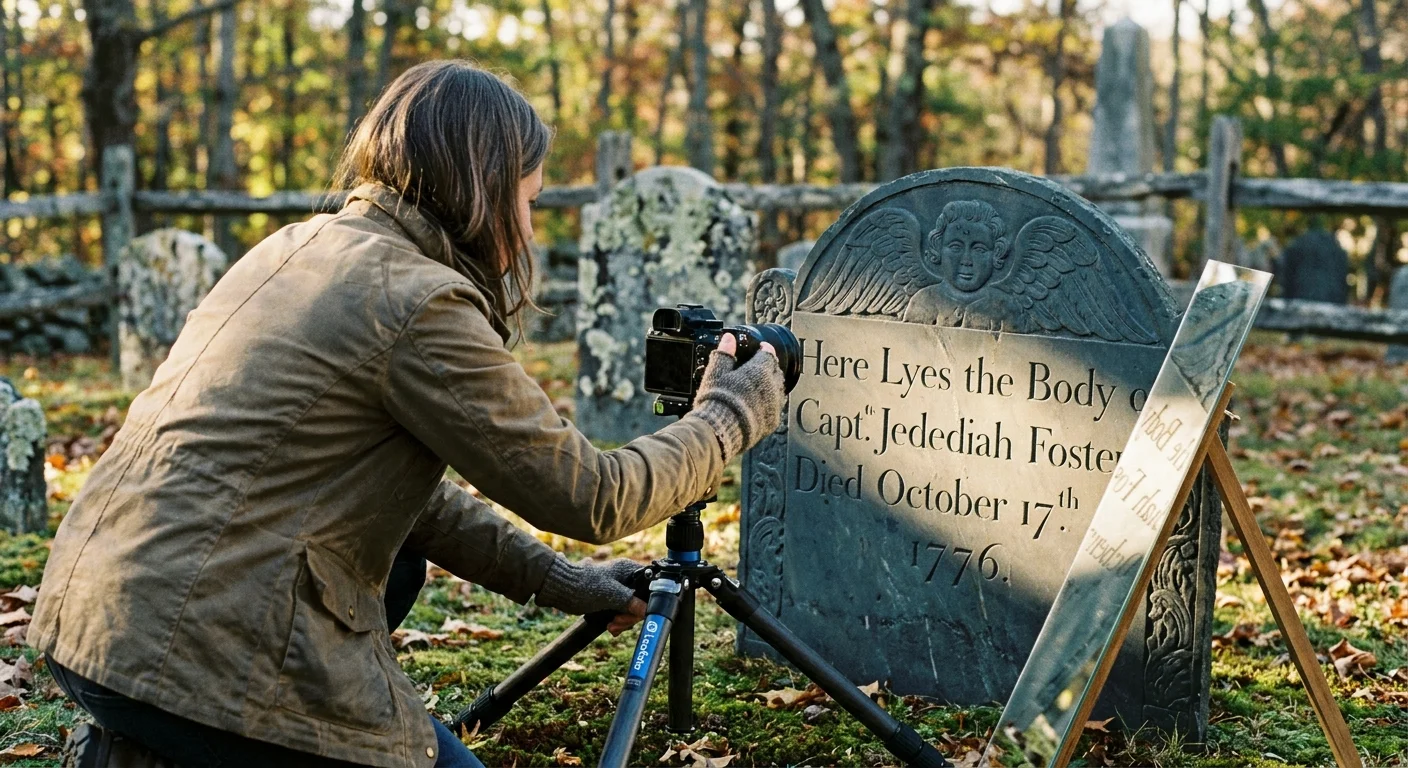 A woman photographs an engraved 1776 slate headstone with a camera on a tripod beside an angled mirror in a cemetery.