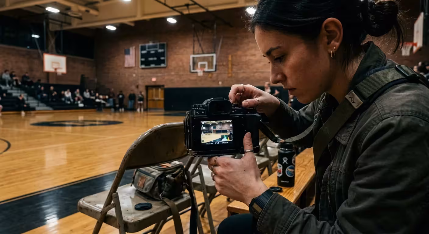 A woman sitting on gym bleachers reviews test shots and a histogram on the rear screen of her digital camera.