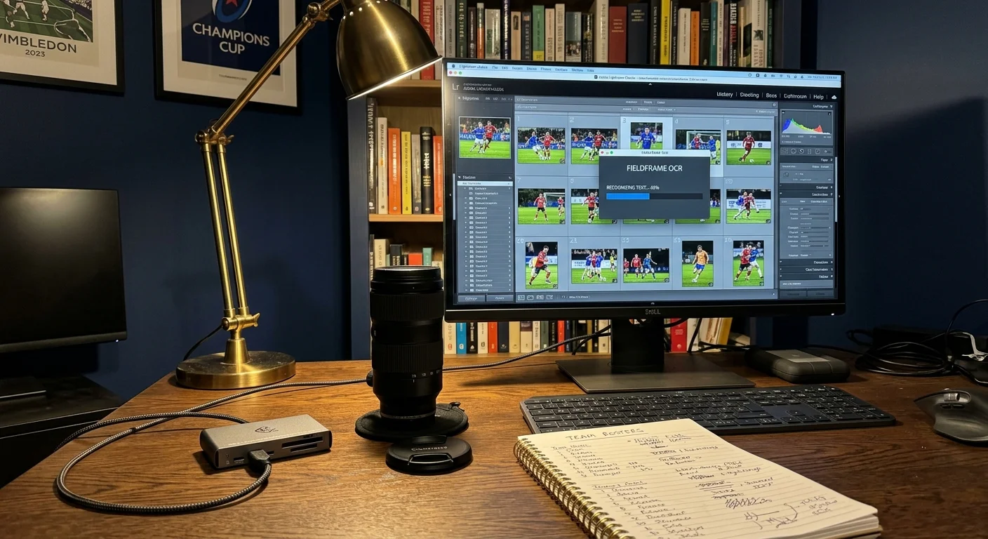 Computer monitor running Fieldframe OCR over soccer photos in Lightroom Classic on a desk with a notebook and lens.