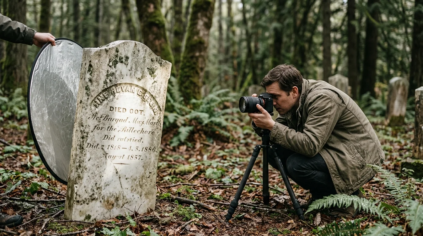 A photographer aims a camera at an eroded marble headstone while a silver reflector directs light across the inscription.