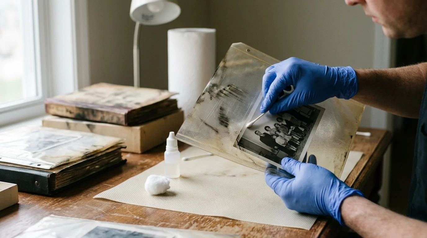 A person wearing blue gloves cleans a soot-covered vintage photo inside a plastic sleeve using a cotton swab.