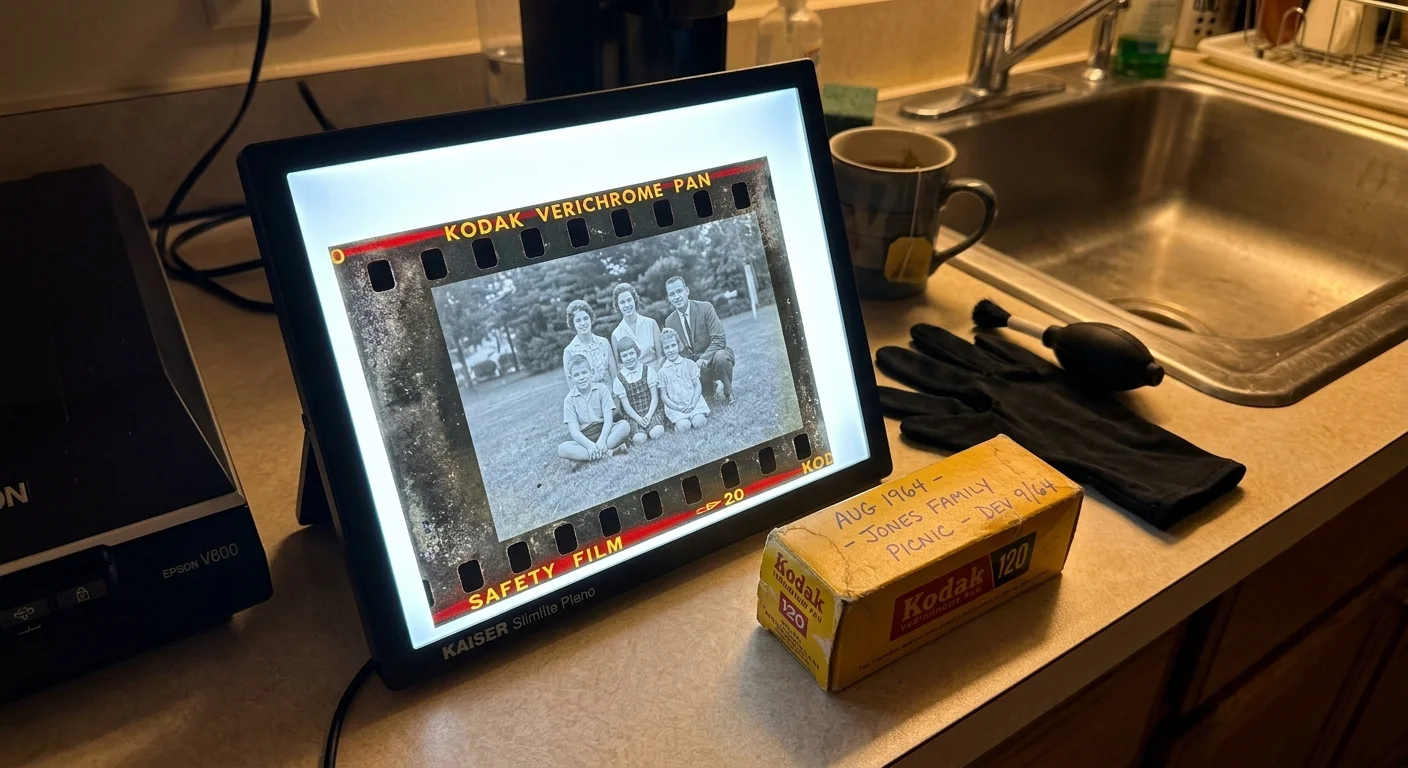 A light pad displaying a black-and-white family portrait negative next to a vintage Kodak 120 film box and scanning tools.