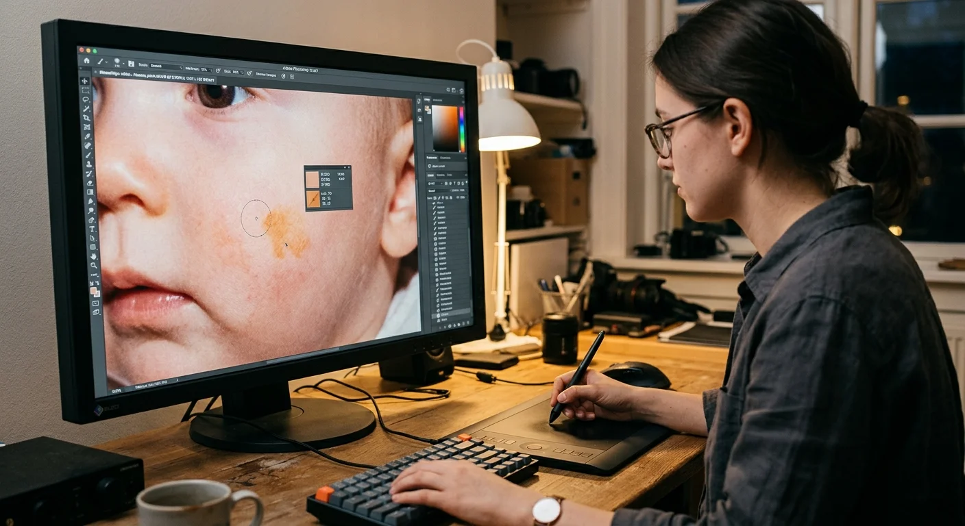 Woman at a desk uses a graphics tablet and monitor to digitally retouch a yellow stain on a child's face portrait.