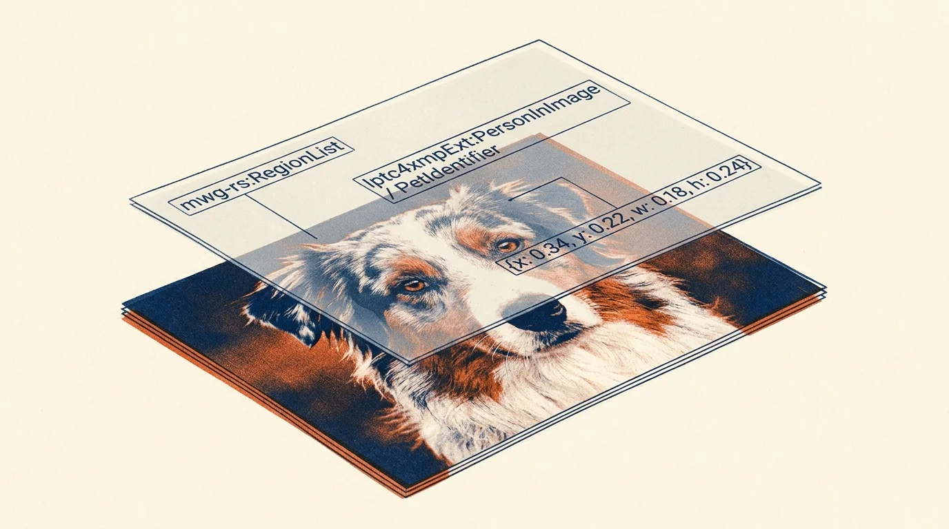 Transparent metadata layer with coordinates floating above an illustration of an Australian Shepherd dog's face.