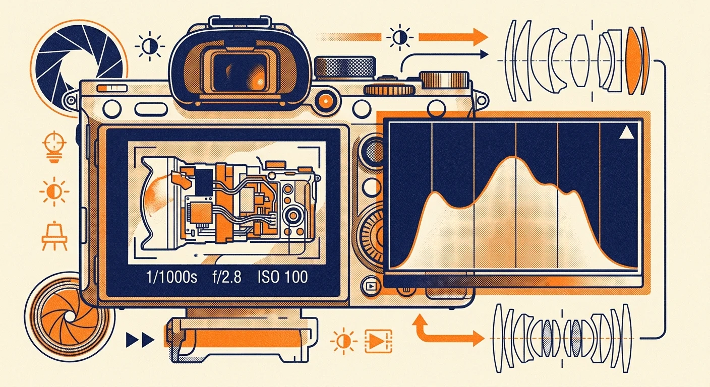 Illustration of the back of a mirrorless camera displaying settings and a histogram alongside technical lens diagrams.