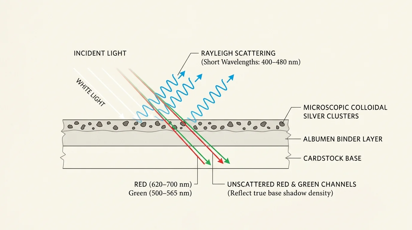 Diagram of light hitting print layers, showing blue wavelengths scattering off silver clusters while red and green pass through.