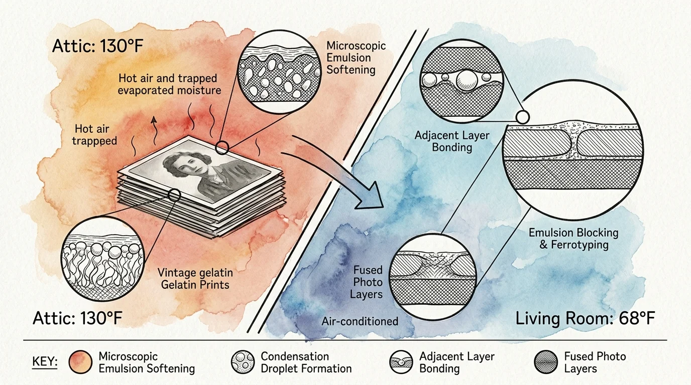 Diagram illustrating photo degradation moving from a warm 130°F attic to an air-conditioned 68°F room.
