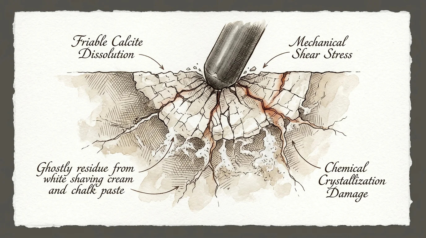 Diagram illustrating mechanical shear stress and chemical damage fracturing friable stone beneath a blunt tool.
