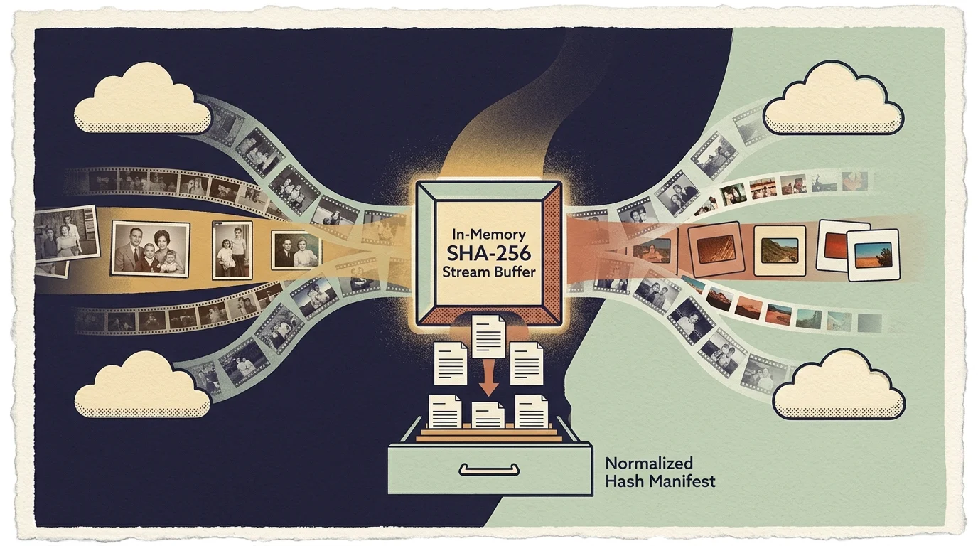 Diagram showing photo film streams from clouds entering a central buffer box that outputs files into a manifest drawer.