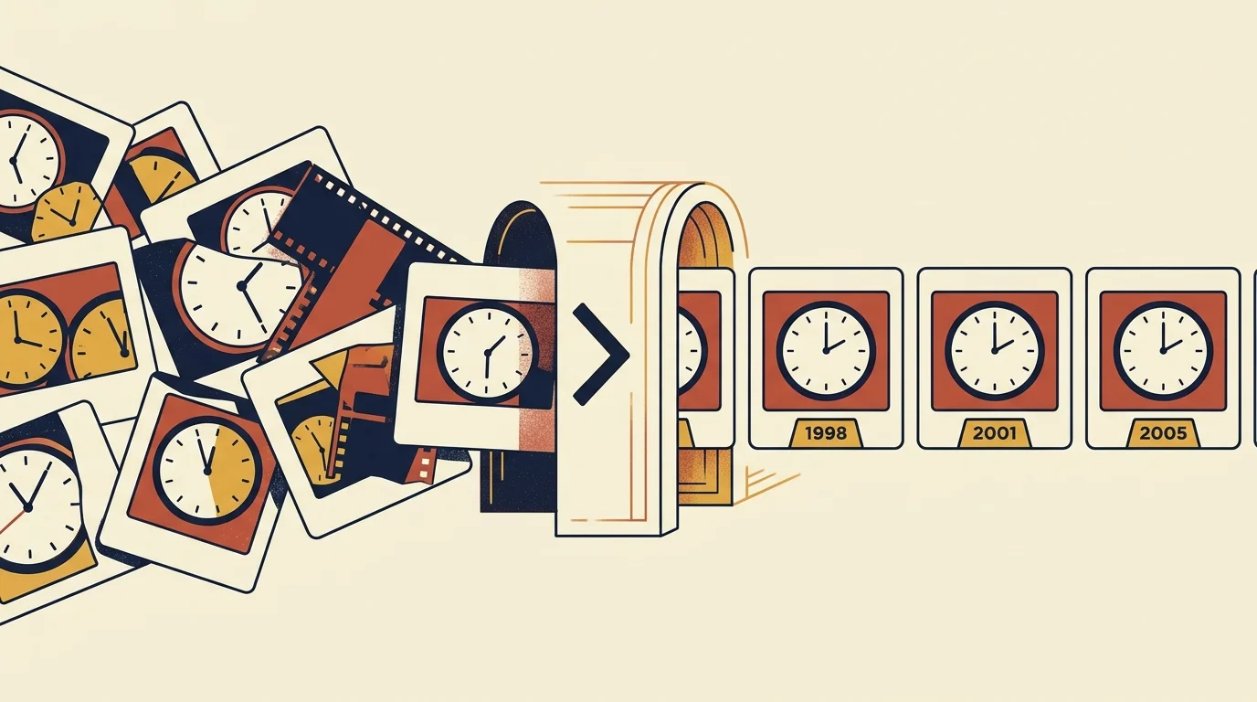 Illustration of scrambled clock photos passing through an archway to emerge neatly ordered by year.