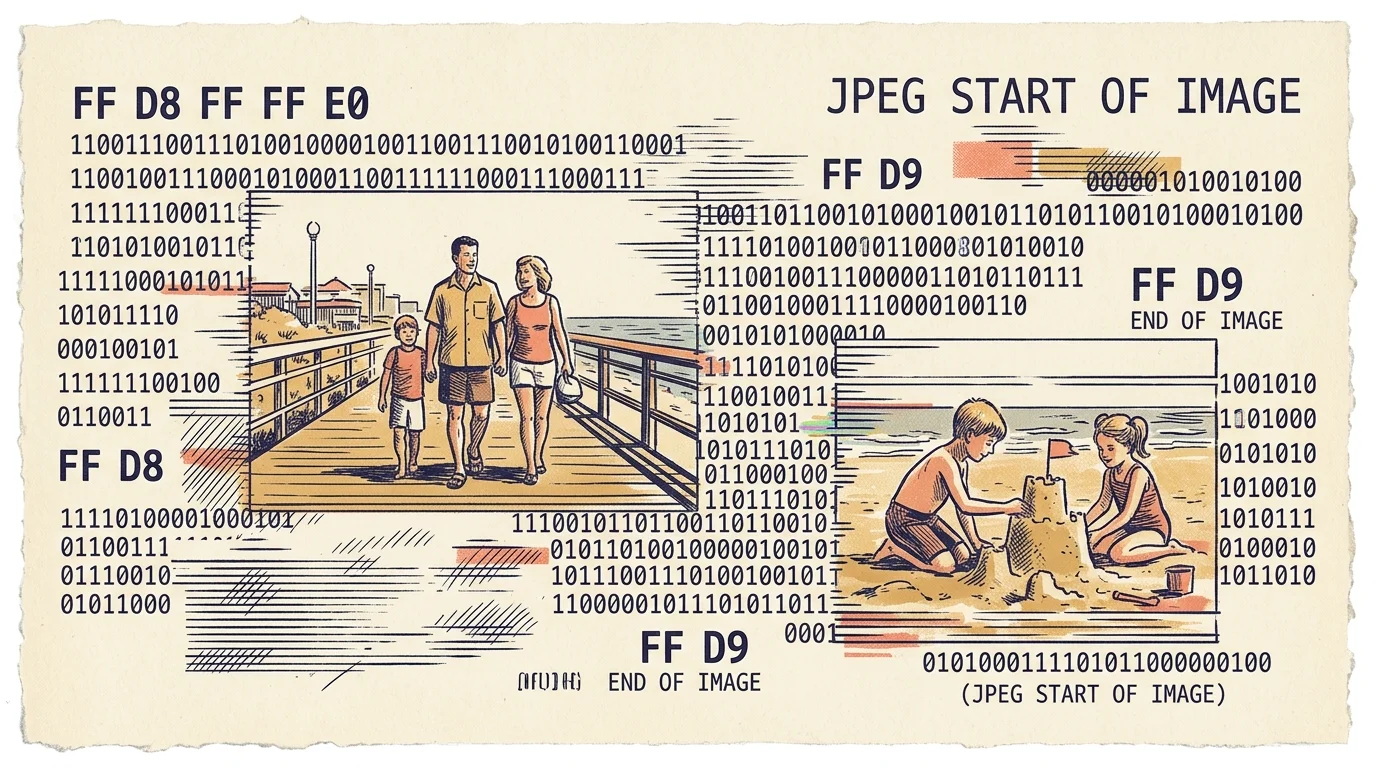 Illustration of family photographs emerging from binary code and hexadecimal markers like FF D8 and FF D9.