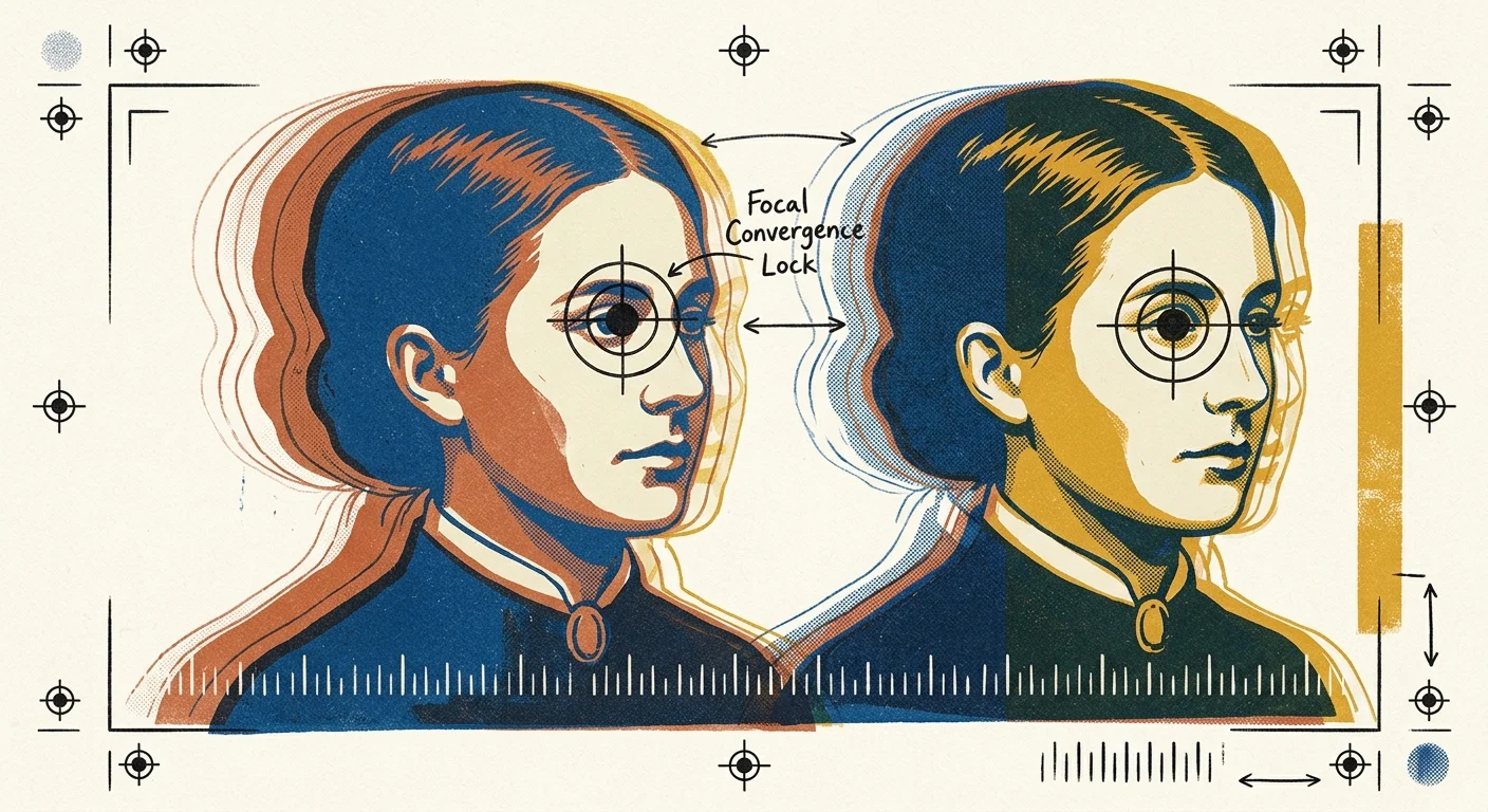 Dual portraits of a Victorian woman with crosshair reticles over the eyes, offset color layers, and alignment marks.
