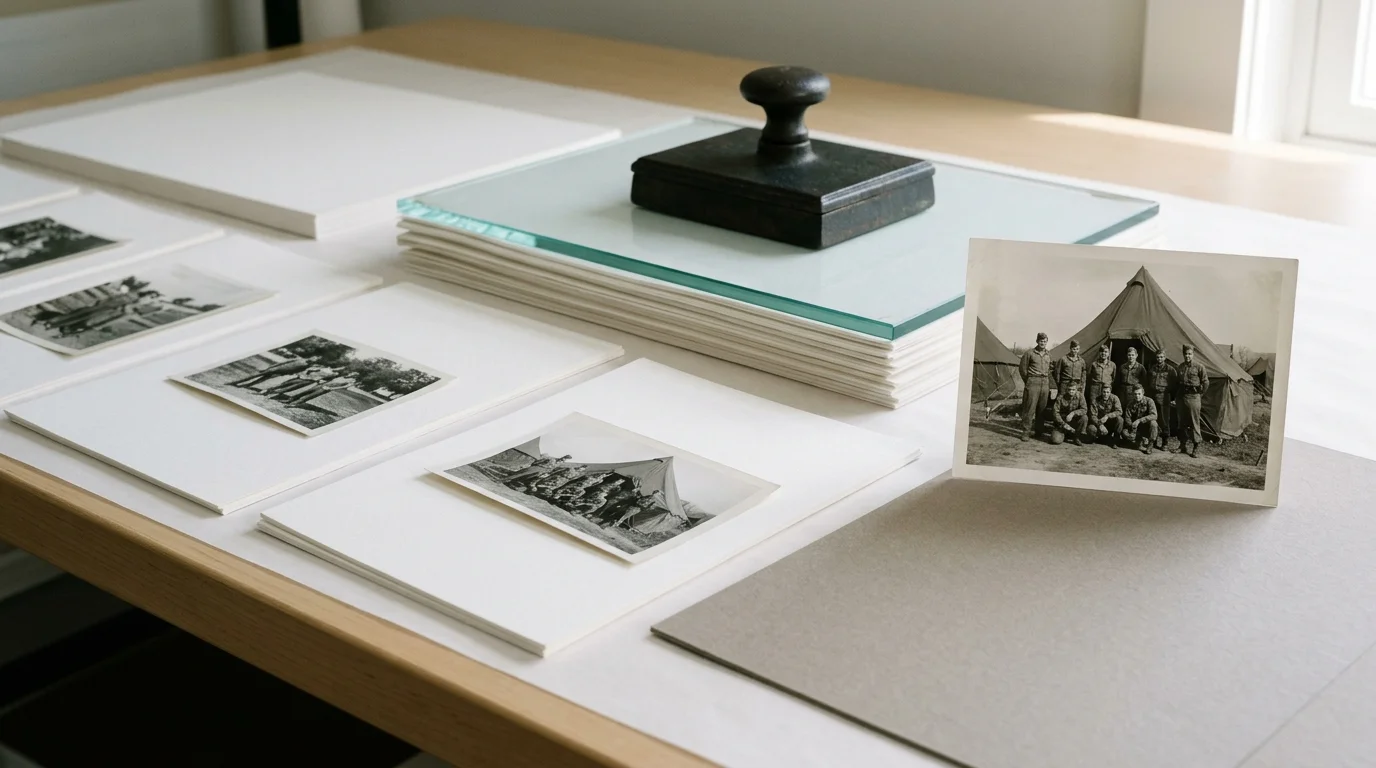 Vintage black-and-white photographs laid on white blotter paper beside a stack weighted down with glass and a press handle.