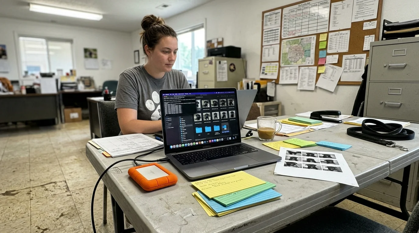 A woman sits at a desk with an external drive and laptop displaying photo grids alongside dog reference prints.