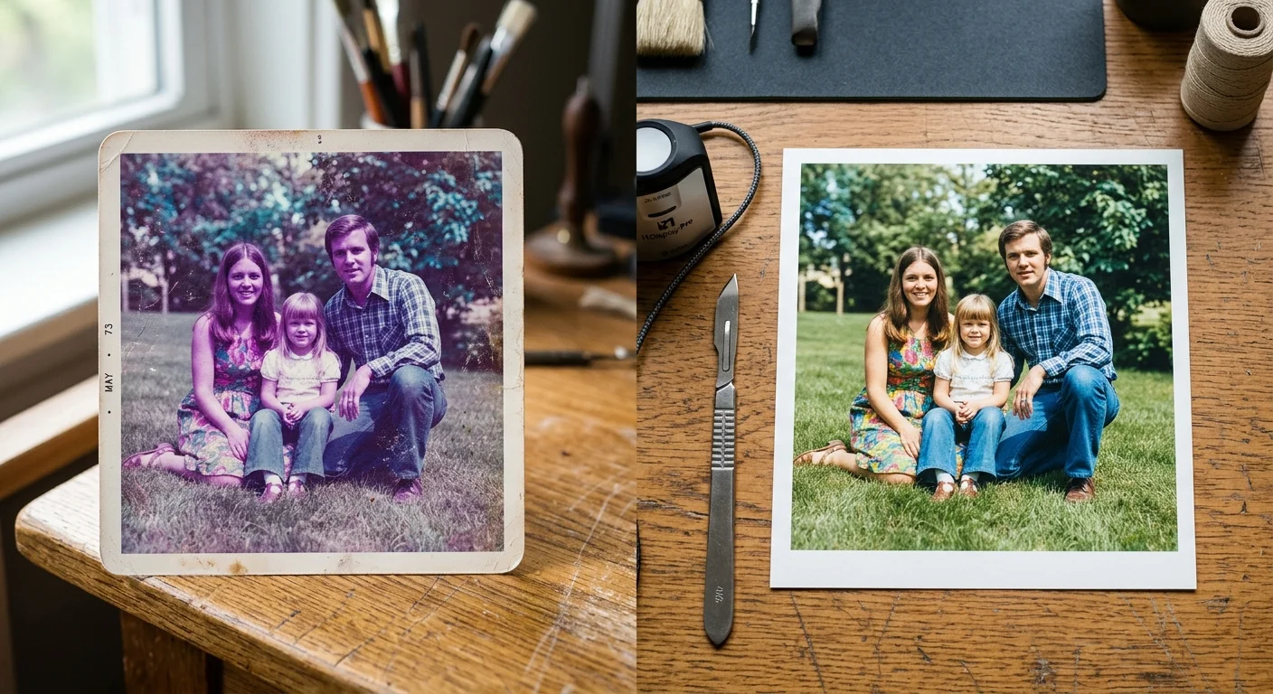 Side-by-side comparison of a magenta-shifted 1973 family portrait next to its color-corrected restoration on a wooden desk.
