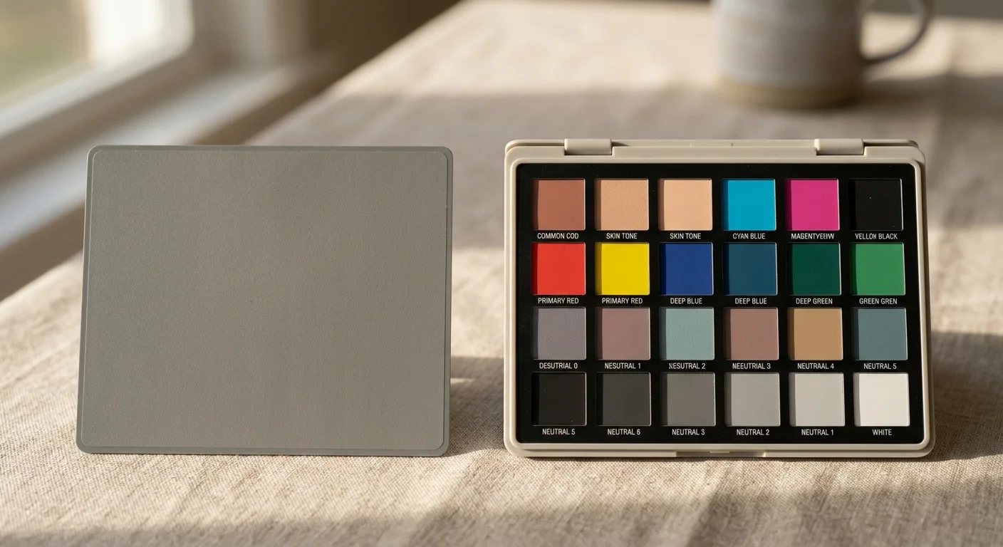 A neutral gray card resting beside an open 24-patch color reference target on a linen tabletop.