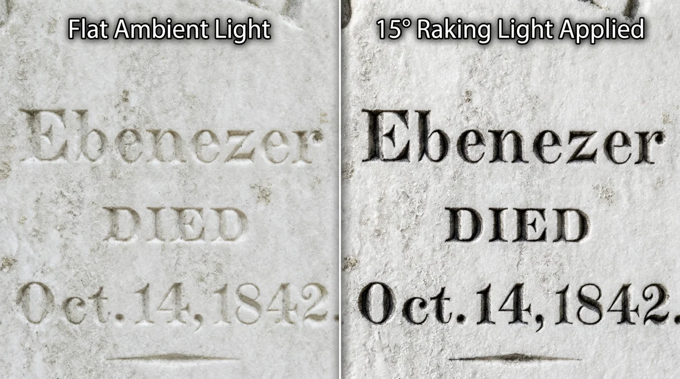 Side-by-side comparison of carved headstone lettering under flat ambient light versus 15-degree raking light.