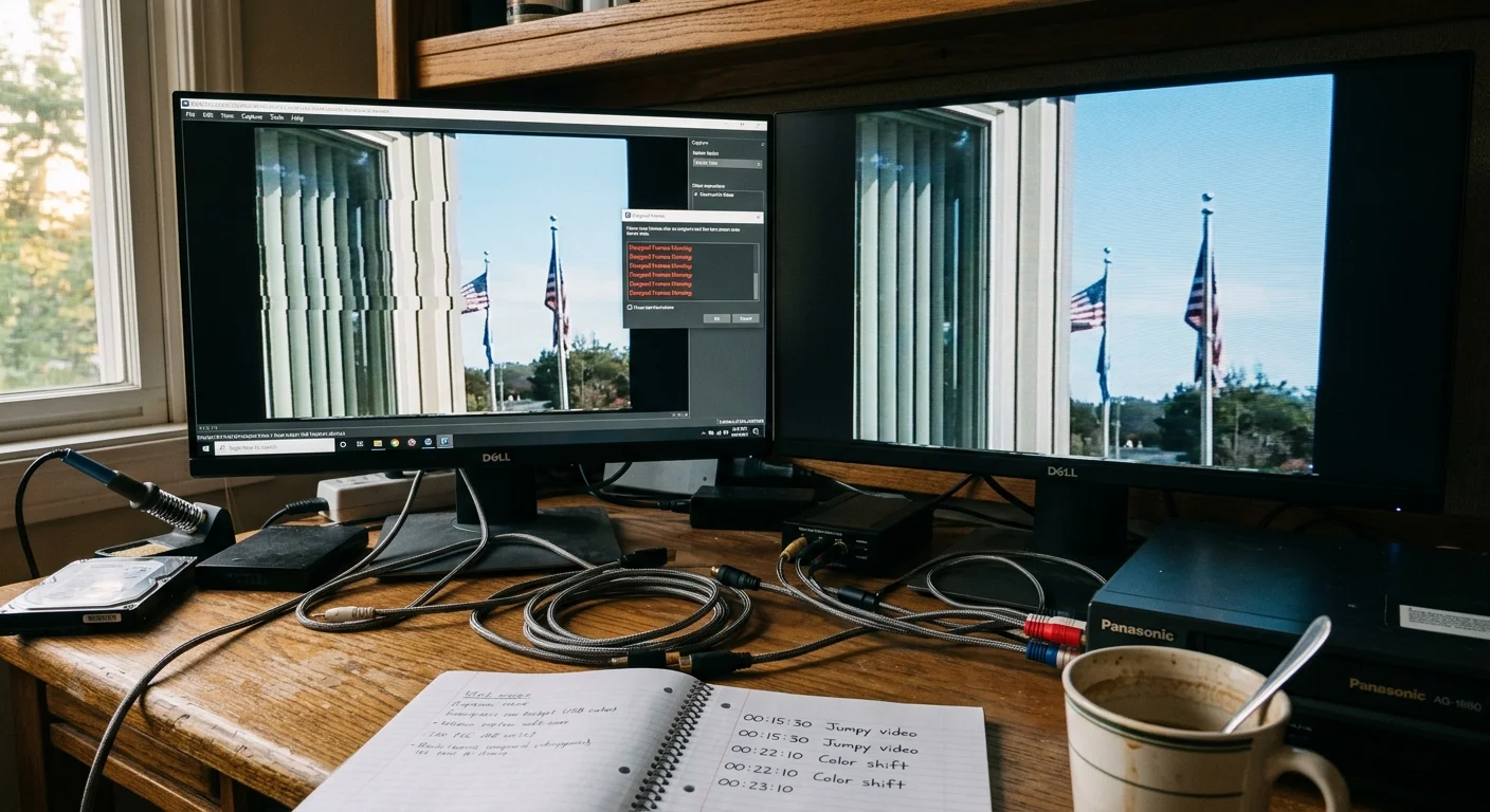 Dual computer monitors displaying video capture software, flanked by cables, a hard drive, and a Panasonic VCR.
