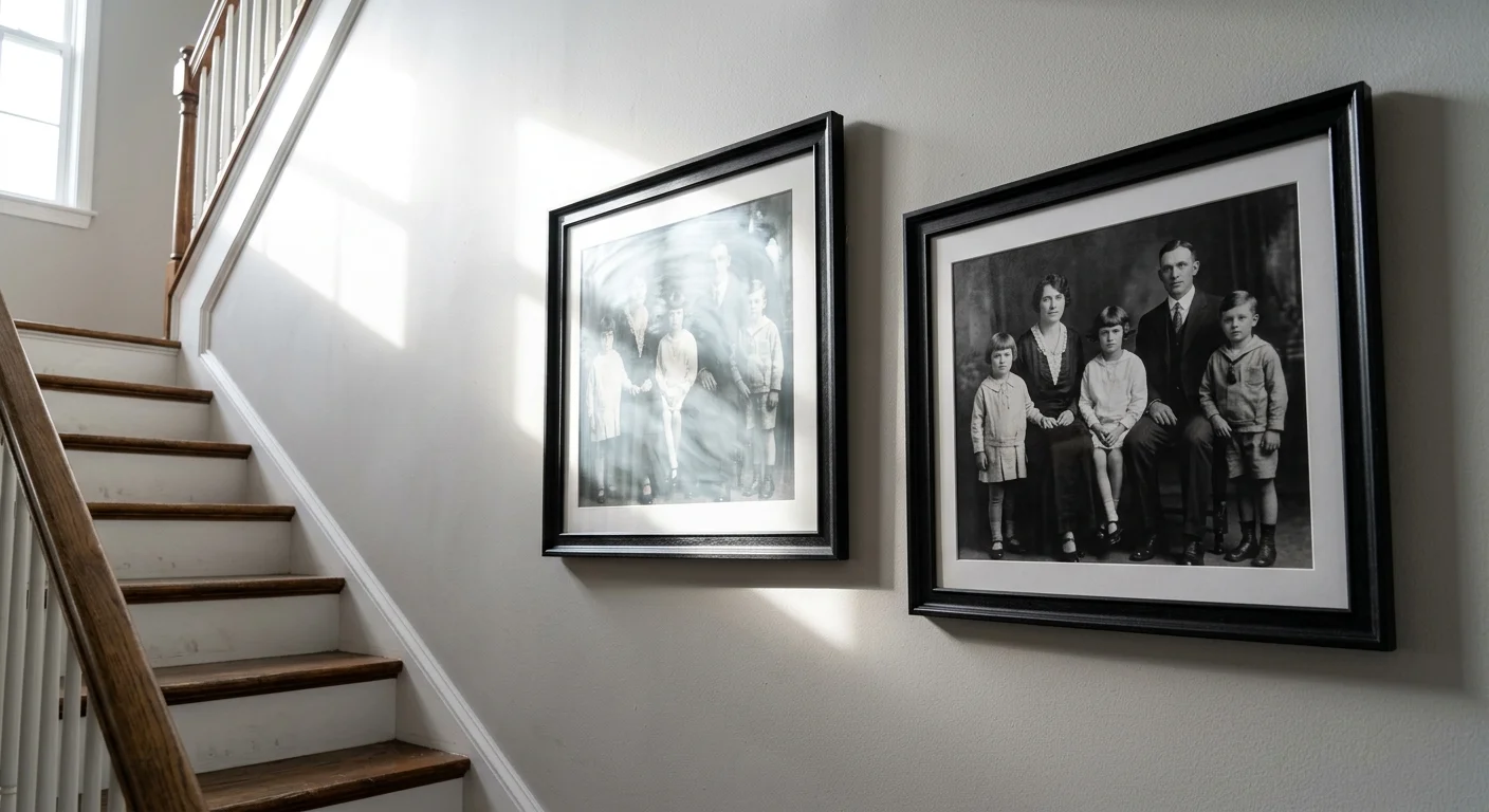 Two framed black-and-white family portraits on a staircase wall, one obscured by heavy glare and the other clear.