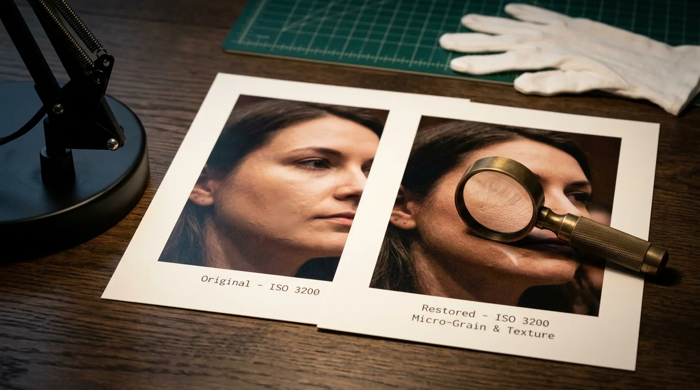Two printed photo comparison cards of a woman's face on a desk, with a magnifying glass over the restored image.