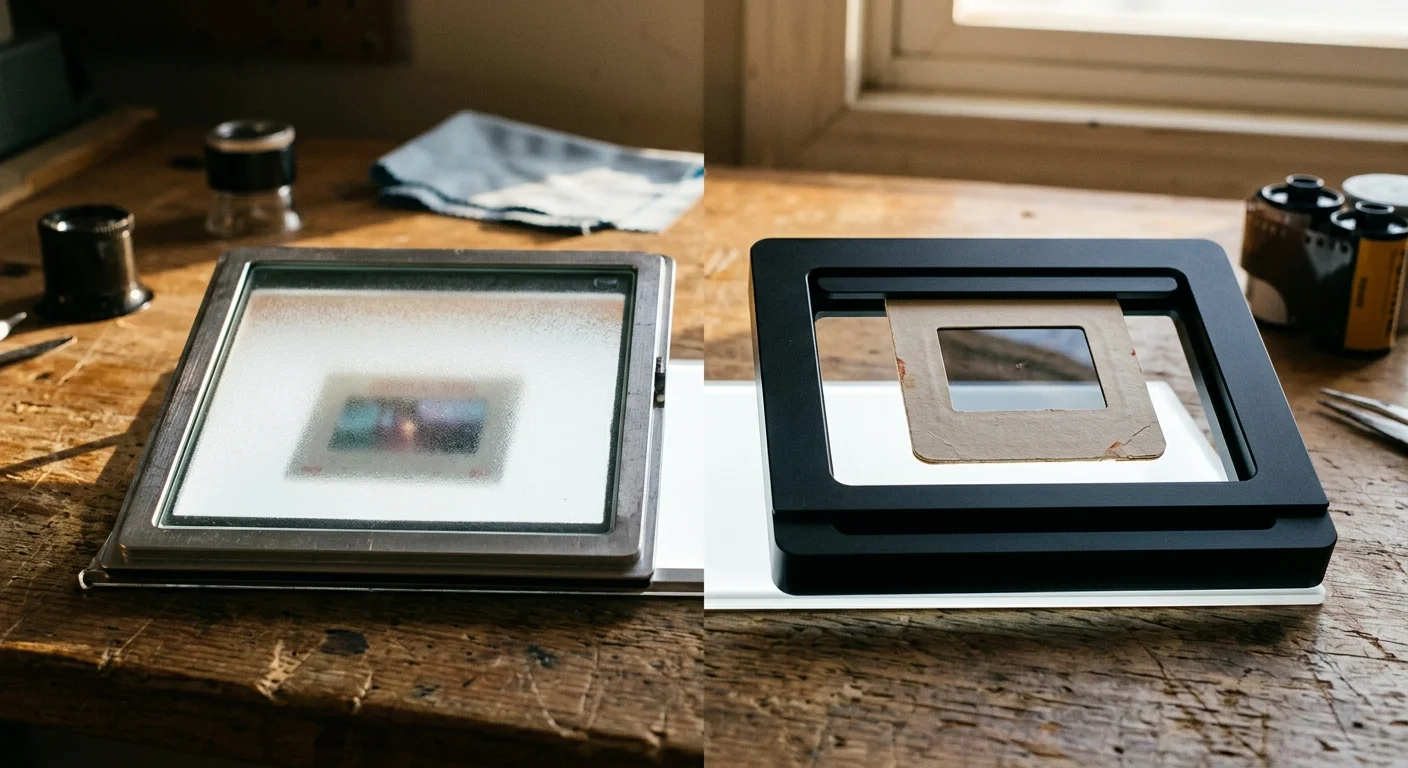 A glass slide holder and a black border-suspension slide carrier sitting on a light panel over a wooden workbench.