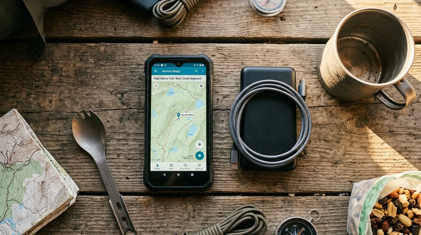 A smartphone displaying a topographic trail map rests on a wooden table beside a power bank, charging cable, and camp mug.