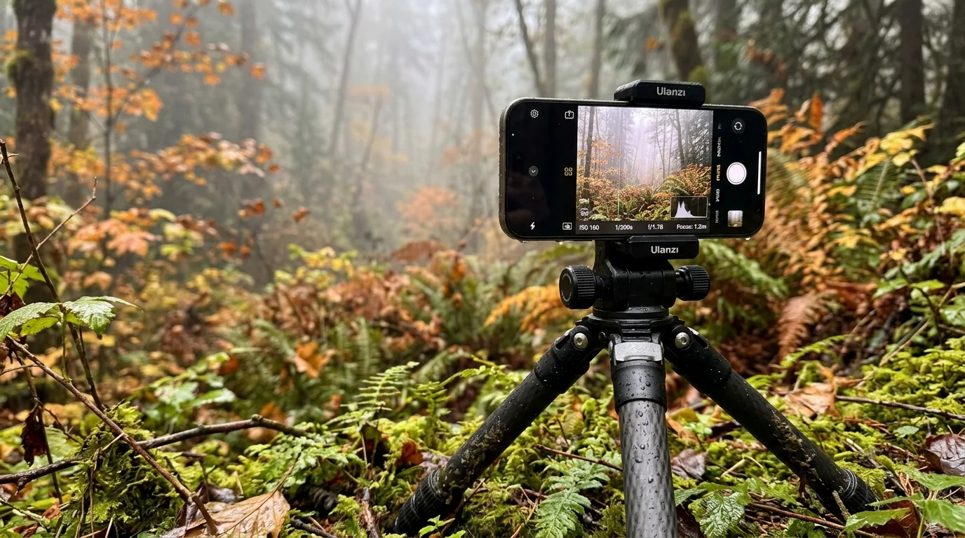 Smartphone mounted on a small carbon fiber tripod with a clamp, framing a misty autumn forest scene on screen.