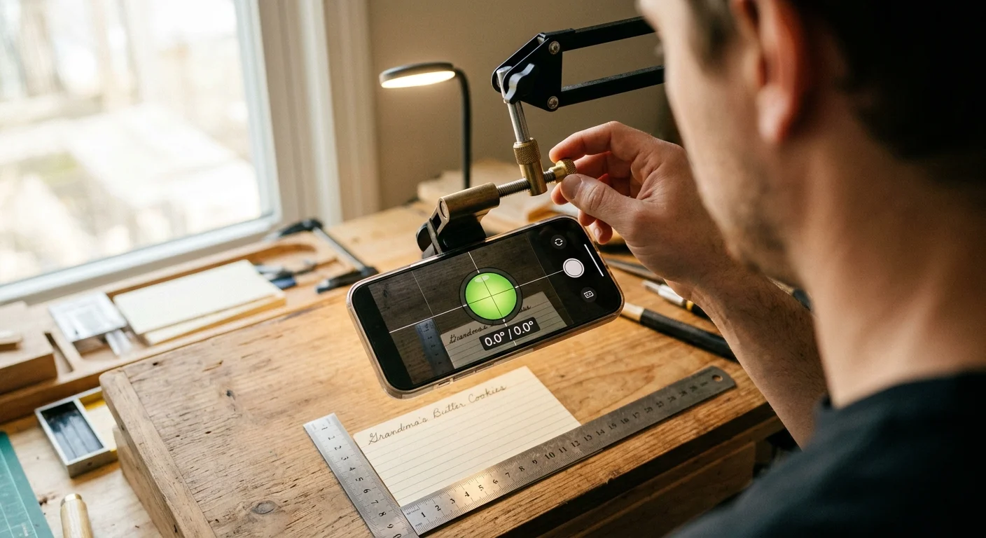 A man adjusts a smartphone mounted on an articulated arm above a recipe card, displaying an on-screen digital level.