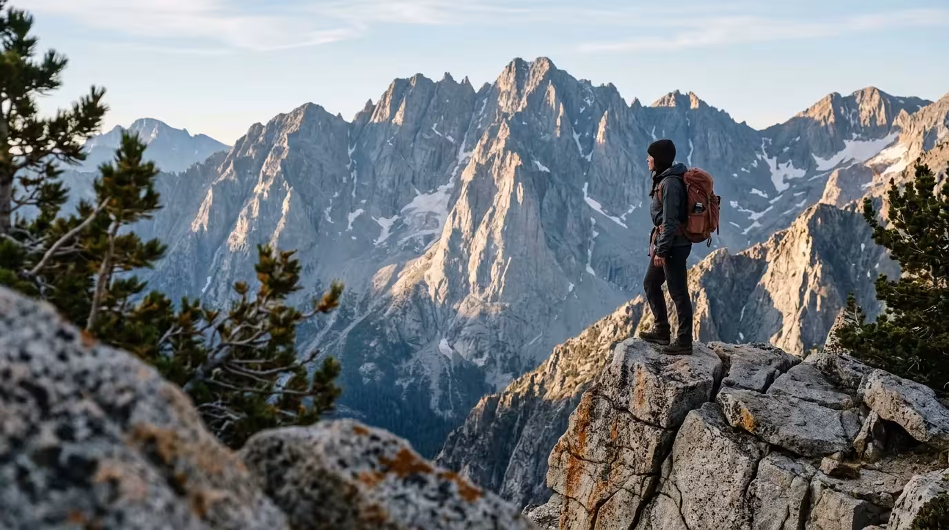 Hiker with a backpack standing on a rocky outcrop overlooking rugged, sunlit granite peaks and mountain ridges.