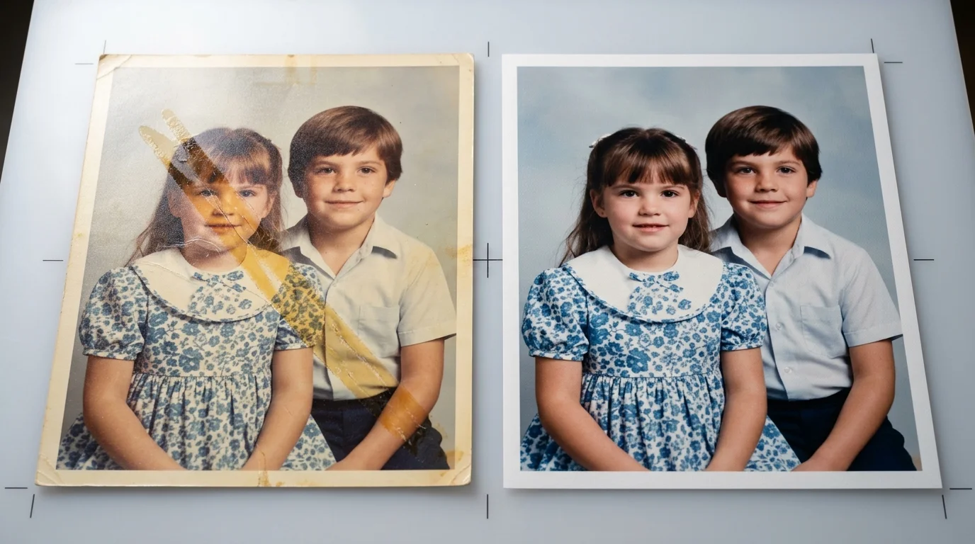 Side-by-side comparison of a tape-damaged 1980s portrait of two children next to its clean, restored version.