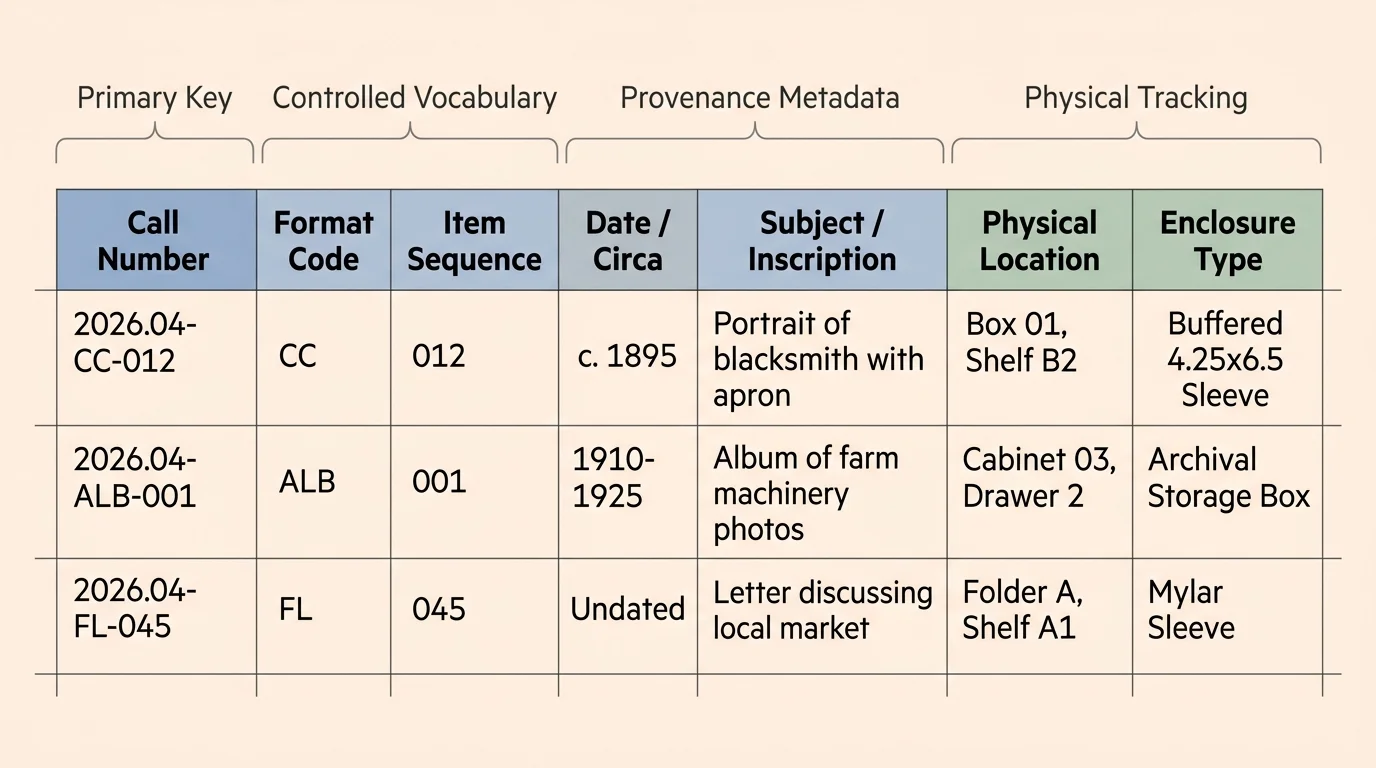 Table diagram mapping ledger headers across categories: Primary Key, Controlled Vocabulary, Provenance Metadata, and Physical Tracking.