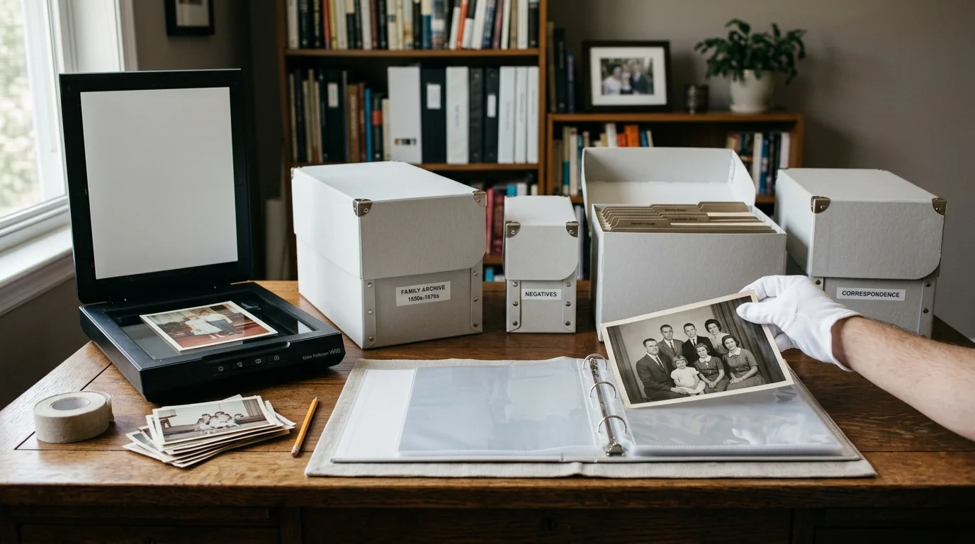 A gloved hand holds a vintage photograph over an open binder next to archival storage boxes and a flatbed scanner.